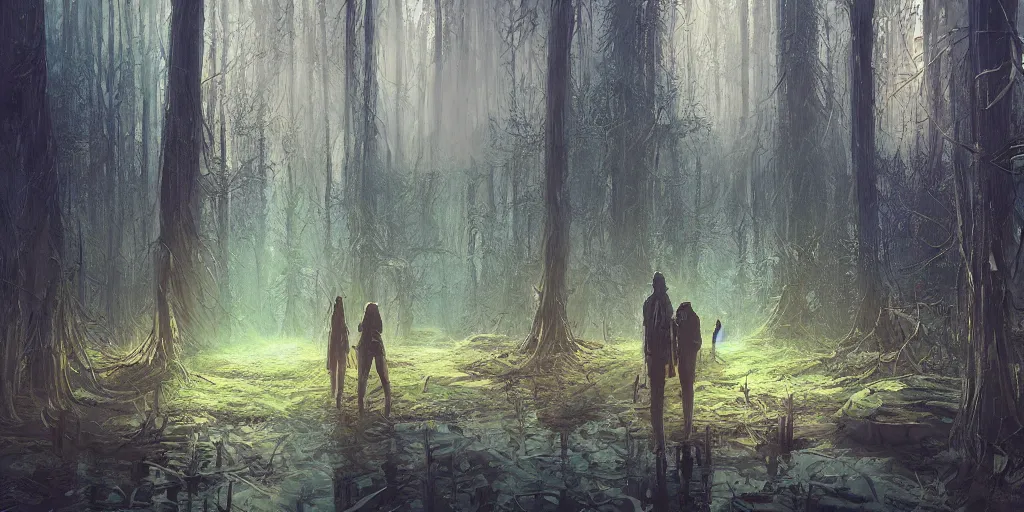 Image similar to reed - people in futuristic spiritual mystical post apocalyptic swampy forest in kyiv drawn by ron gilbert, dim painterly volumetric aquatic lighting, scenic, beautiful, crisp, artstation, highly detailed