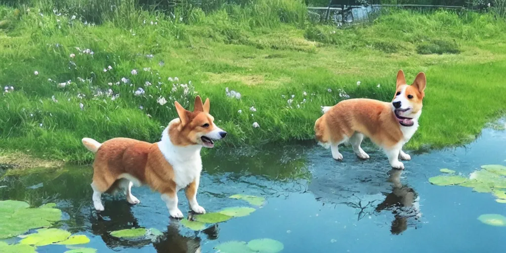 Image similar to A corgi by a pond, there is blue sky, there is water splash, the atmosphere is cheerful, the colors are bright, high picture quality, by Makoto Shinkai