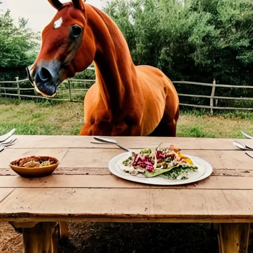 Prompt: a large humanoid horse sitting at a rustic table eating a small side salad