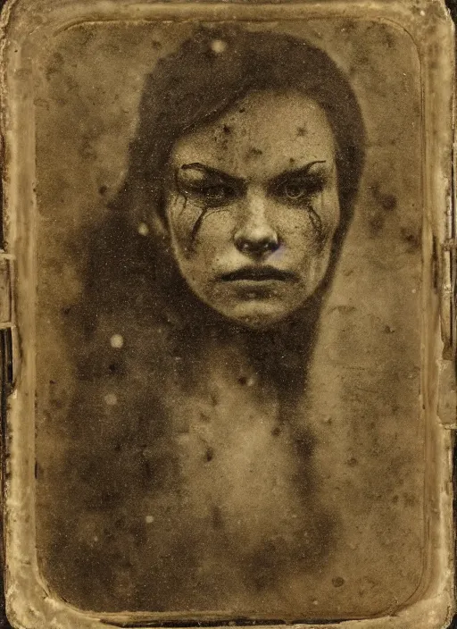 Prompt: old wetplate daguerreotype portrait of the werewolf woman, explosion of data fragments, fractal, intricate, elegant, highly detailed, parallax, leica, medium format, subsurface scattering, by jheronimus bosch and greg rutkowski and louis jacques mande daguerre