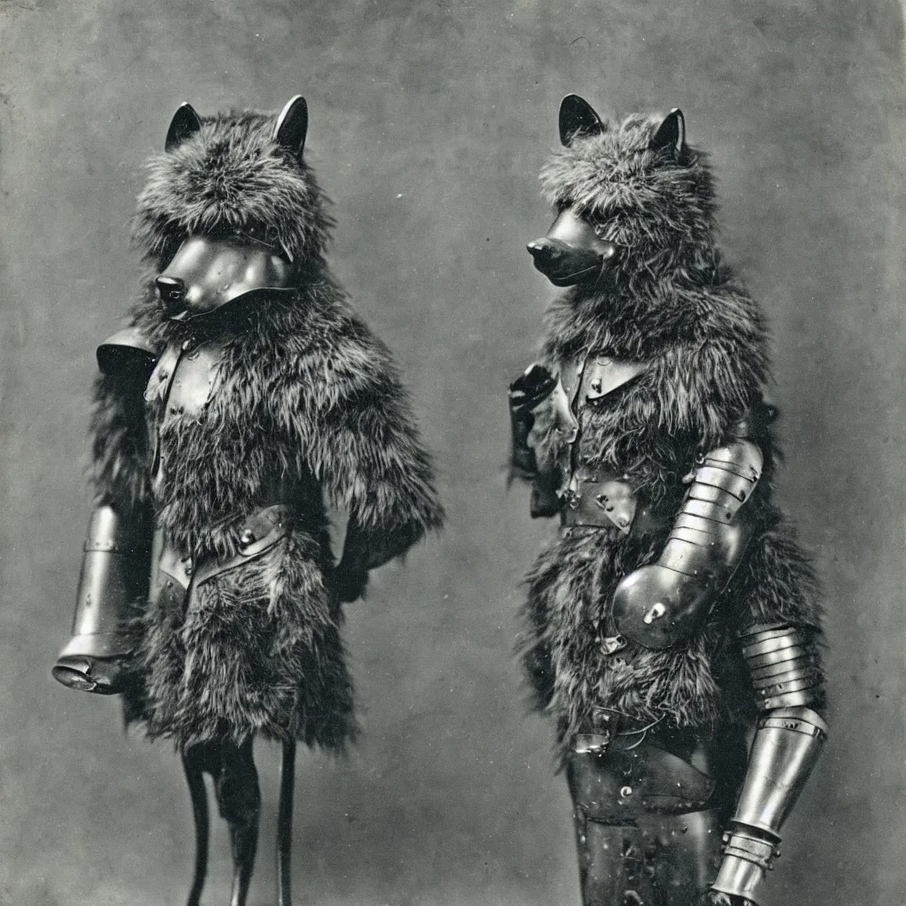 Image similar to anthropomorphic furry wolf in suit of armor of unknown origin, 1900s photograph