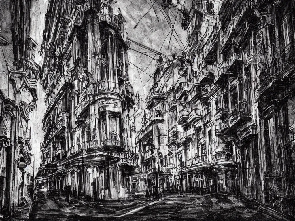 Image similar to sevilla city, art by neil gaiman, trending on artstation, dark atmospheric lighting front view synthwave, street art, fisheye lens, magic realism, eclecticism