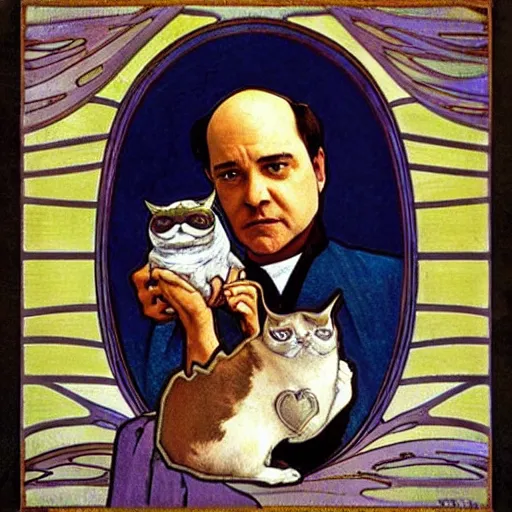 Image similar to “ george costanza from seinfeld holding grumpy cat above his head, holy light, art nouveau, by alphonse mucha ”