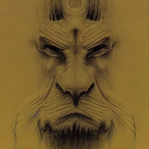 Image similar to morph of four faces in one : man, lion, eagle, bull. drawn by zdzislaw beksinski