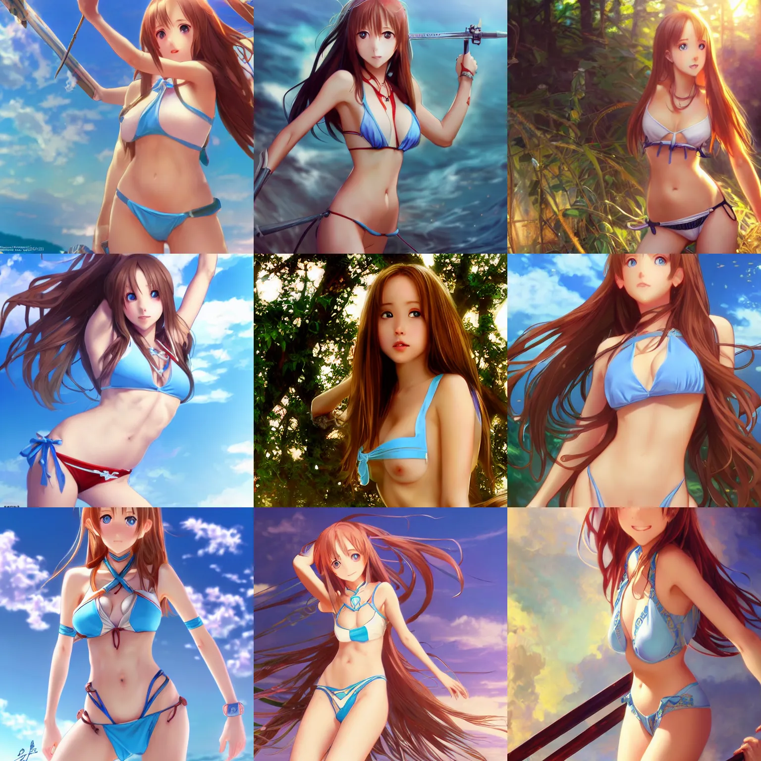 Prompt: very beautiful young yuuki asuna, full body, sky blue eyes, full round face, bikini, mid - shot, highly detailed, cinematic wallpaper by stanley artgerm lau, alphonse mucha