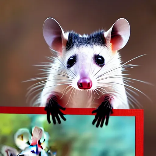 Prompt: hd digital photography of an opossum holding up the picture it made in its paws.