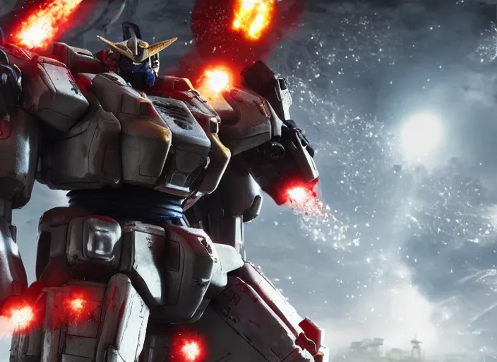 Image similar to gundam in gears of war, splash art, movie still, cinematic lighting, ray tracing, octane render, long lens, shallow depth of field, bokeh, anamorphic lens flare, 8 k, hyper detailed, 3 5 mm film grain