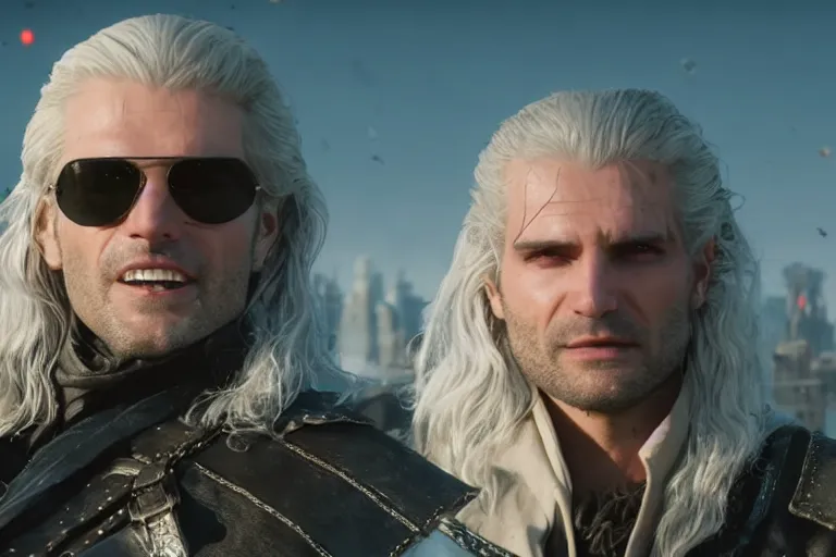 Image similar to vfx movie closeup modern suave handsome grinning vampire with long white hair, trench coat, dual wielding large revolvers, leaping into the air, low gravity in a shattered reality of new york city, cool aviators witcher show and game of thrones in new york by emmanuel lubezki