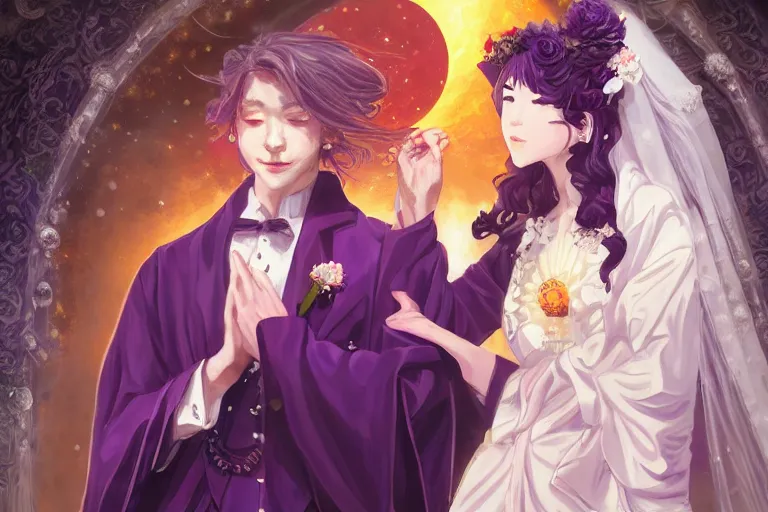 Image similar to a cinematic portrait of wedding photograph jpeg close up moment of a divine a japan sun god and moon goddess lovers magician at a wedding banquet. portraiture. digital painting. artstation. concept art. wedding photo. digital painting. violet evergarden art masterpiece by art by krenz cushart