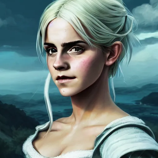 Image similar to a detailed matte portrait of emma watson dressed at ciri from the witcher, scar over green eye, long white hair, art by dan mumford and yusuke murata and makoto shinkai and ross tran, cosmic, heavenly, god rays, intricate detail, cinematic, 8 k, cel shaded, unreal engine, featured on artstation, pixiv