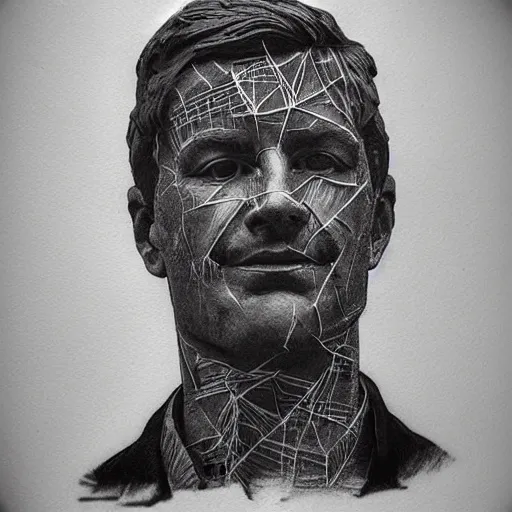 Prompt: double - exposure effect of davids statue face with cracks, in the style of dan mountford, amazing detail, black and white, tattoo sketch