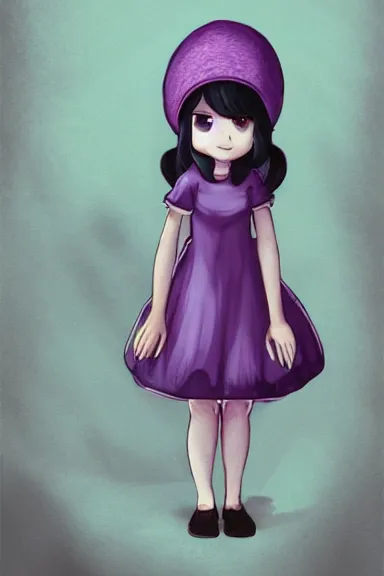 Image similar to a little girl wearing a mushroom hat in dress sitting | | purple curvy hair, pretty face, fine details, digial art by lois van baarle, anatomically correct, perfect composition, symmetrical, fantastic, clean details, anime character, extremely detailed