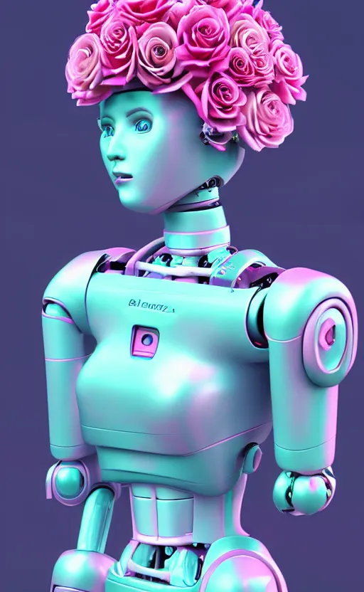 Prompt: detailed vaporwave pastel female robot made out of roses, 3d, digital art, 4k