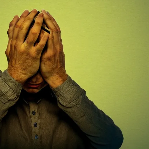 Prompt: Man thinking with hands on head, dissolving, philosopher. Simple. Abstract art.