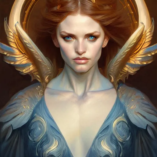 Image similar to Portrait of female fallen angel, D&D, blue eyes, face, fantasy, intricate, elegant, highly detailed, digital painting, artstation, concept art, smooth, sharp focus, illustration, art by artgerm and greg rutkowski and alphonse mucha