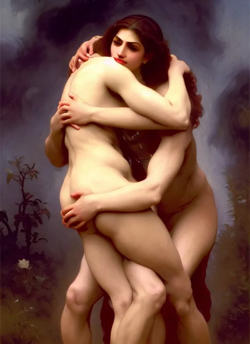 Image similar to kitsch mills and boon romance novel cover with elder god cthulhu!! hugging eva mendes, they are in love, by william - adolphe bouguereau, john singer sargent, digital painting, artstation, concept art, smooth, sharp focus, warm lighting,