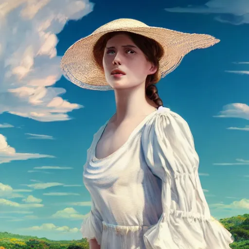 Image similar to girl in a white dress wearing sun straw hat looking at the bright blue sky with spiraling white sunny clouds digital art, highly detailed, intricate, by greg rutkowski, bright colours 8 k