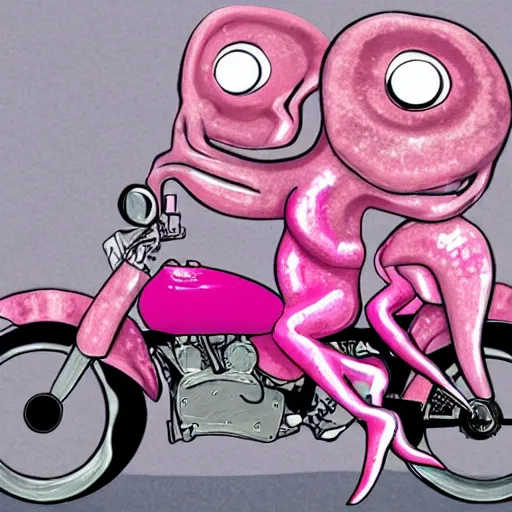 Image similar to pink female Squid creatures riding a motorcycle