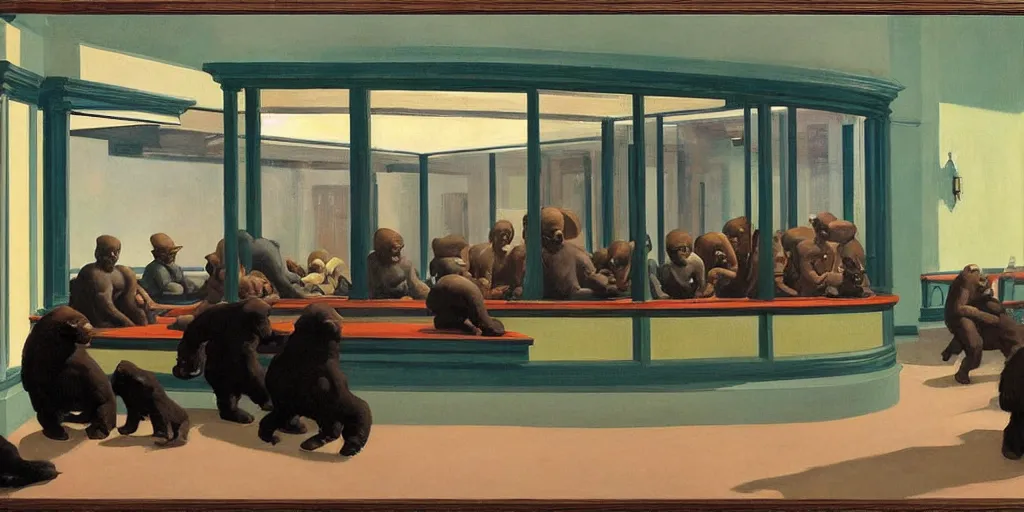 Image similar to painting, view from inside edward hopper's painting nighthawks, of a group of werebears inside a gallery, by magrirre, by neo rauch