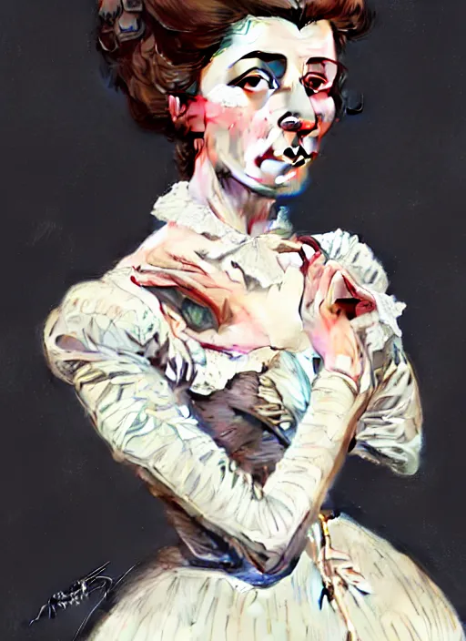 Image similar to a portrait of a woman with a crooked nose in victorian clothing, confident pose, intricate, elegant, sharp focus, illustration, highly detailed, concept art, matte, trending on artstation, anime, art by james jean and artgerm and brian despain and alberto mielgo, greg rutkowski, wlop, ilya kuvshinov, strong strokes