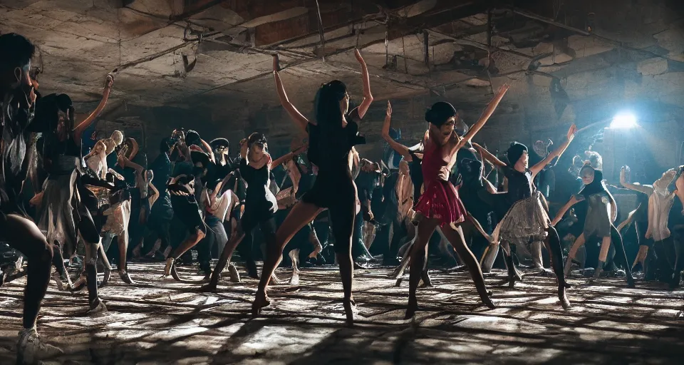 Image similar to closeup still of the musical dance scene inside an abandoned slaughterhouse storeroom, closeup 35mm lens, Disney remake (2021)