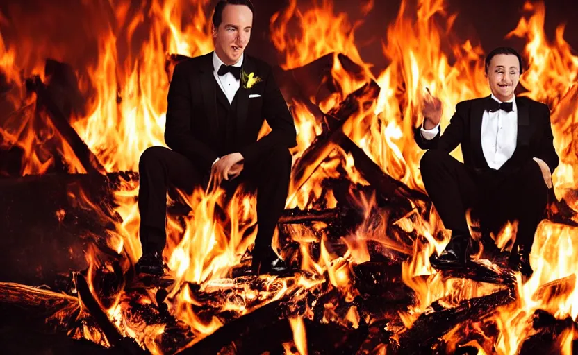 Prompt: one man wearing a tuxedo sitting in the middle of a bonfire, blank face