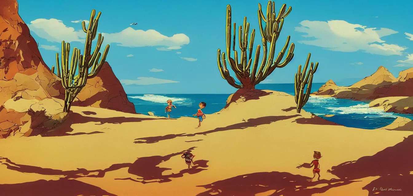 Prompt: animation background painting baja california desert by the sea, a seashell shaped house stands alone, a kid runs happily, by eyvind earle and maurice noble