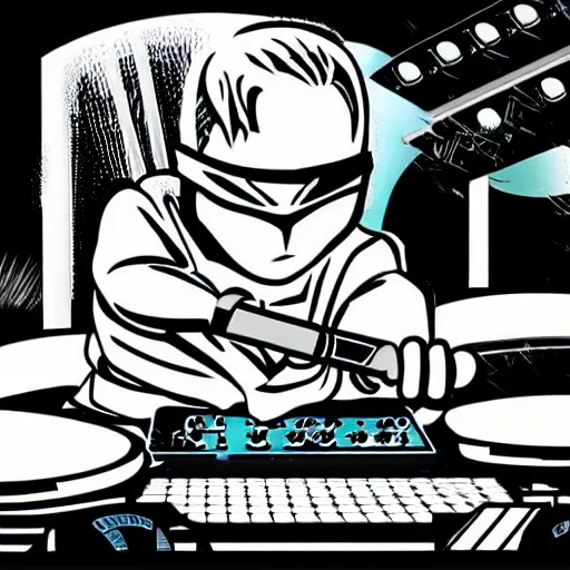 Image similar to 90s retro illustration of a ninja smashing up a mixing console in a studio