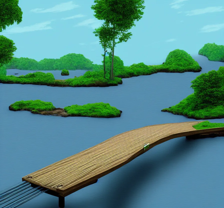 Prompt: long wood bridge to island, unreal engine, digital, acrilic paint