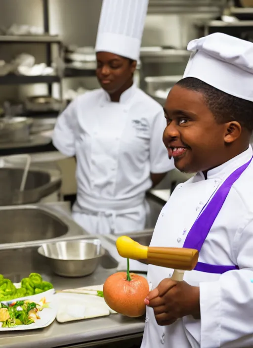 Image similar to portrait photo still of real life school chef jerome mcelroy fat with chef hat in school cafeteria holding a ladel, 8 k, 8 5 mm, f. 1 4