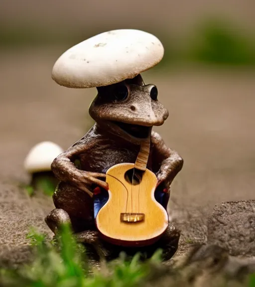 Image similar to a toad playing guitar on a mushroom