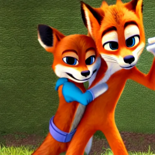 Prompt: an hd photo of nick wilde hugging fox mccloud, furry