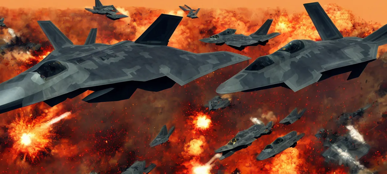 Prompt: F-22 Raptor destroying an army of minions Explosions Death Dismemberment USA War Minions In the style of Craig Mullins