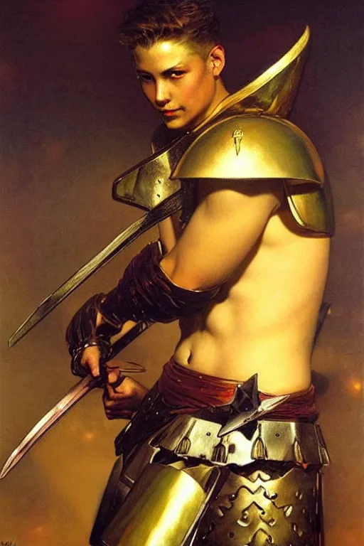 Image similar to male warrior with armor, painting by delphin enjolras, j. c. leyendecker, yoji shinkawa