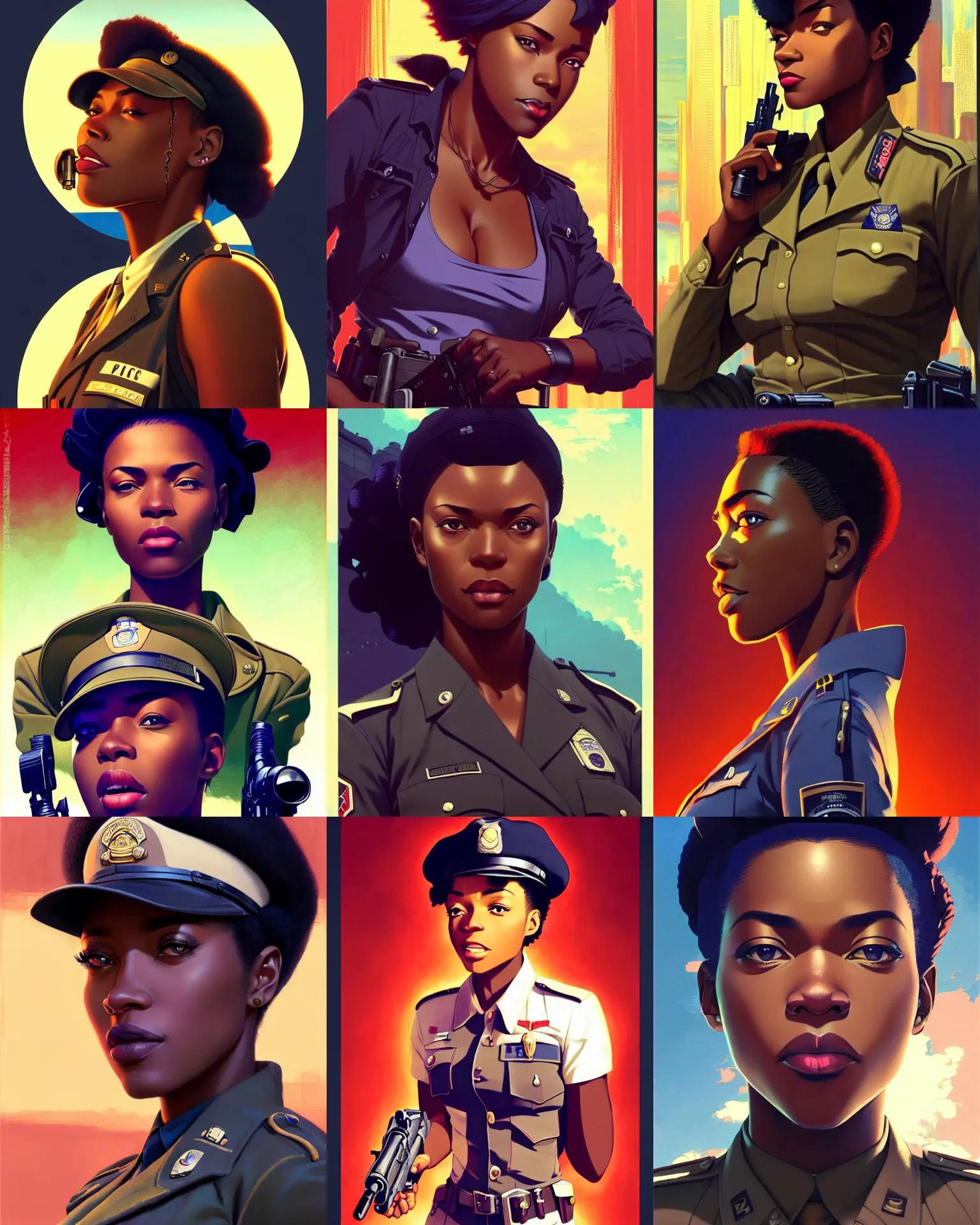 Prompt: A beautiful young African-American dieselpunk policewoman || fine-face, handsome face, realistic shaded Perfect face, fine details. Anime. realistic shaded lighting poster by Ilya Kuvshinov katsuhiro otomo ghost-in-the-shell, magali villeneuve, artgerm, Jeremy Lipkin and Michael Garmash and Rob Rey