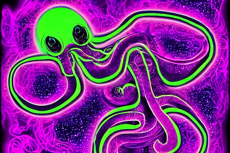 Prompt: digital art of a neon purple octopus floating in space by alex grey, neon outline, sharp lines, blurry background (arcylic), ((synthwave)),