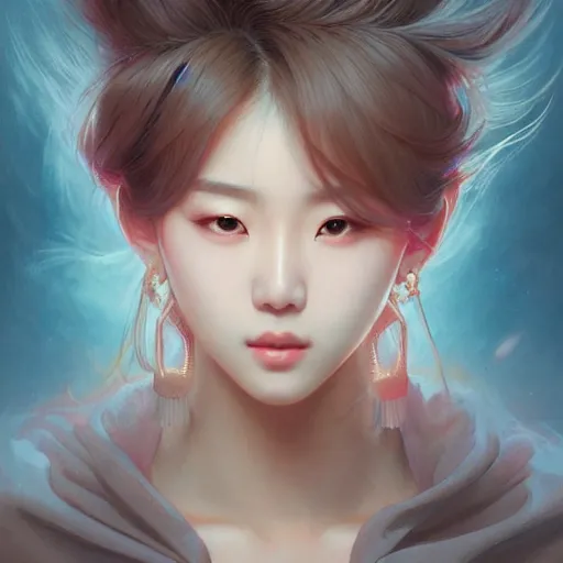 Image similar to portrait of kpop idol, dreamy and ethereal, casual clothes, fierce expression, intricate, highly detailed, digital painting, artstation, concept art, smooth, sharp focus, illustration, art by artgerm and greg rutkowski and alphonse mucha