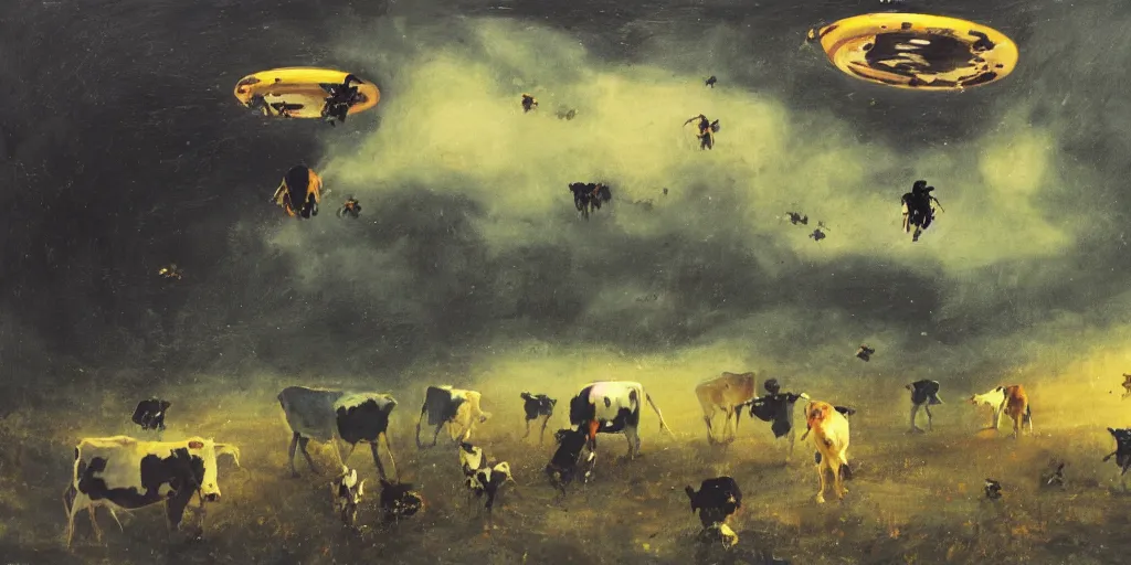 Prompt: a ufo stealing cows, painting big bees flying around, gerhard richter style