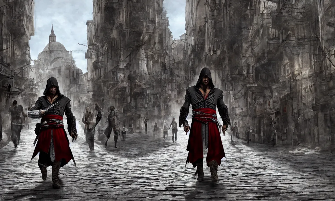 Image similar to Ezio Auditore walking on the street of Istanbul, realistic, 4k