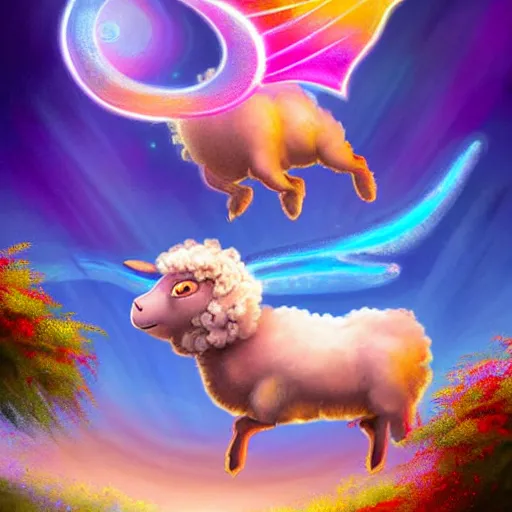 Prompt: digital art of a sheep dragon hybrid flying in the sky, colorful, harbinger of sweet dreams, bubbles and stars, concept art, high detail with soft brush strokes, stylized, hard brush, art by tomas kinkade, art by lisa frank, art by eellie, soft colors