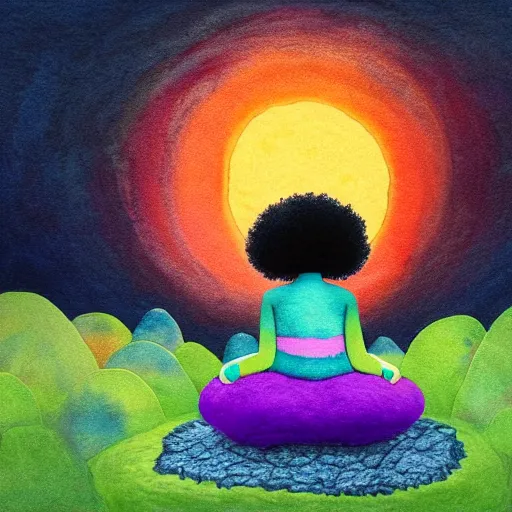 Prompt: a black girl with a colorful afro and big colorful eyes meditating in a zen garden at sunset, bright colours, bokeh!!, watercolor, volumetric wool felting, macro photography, children illustration, by goro fujita