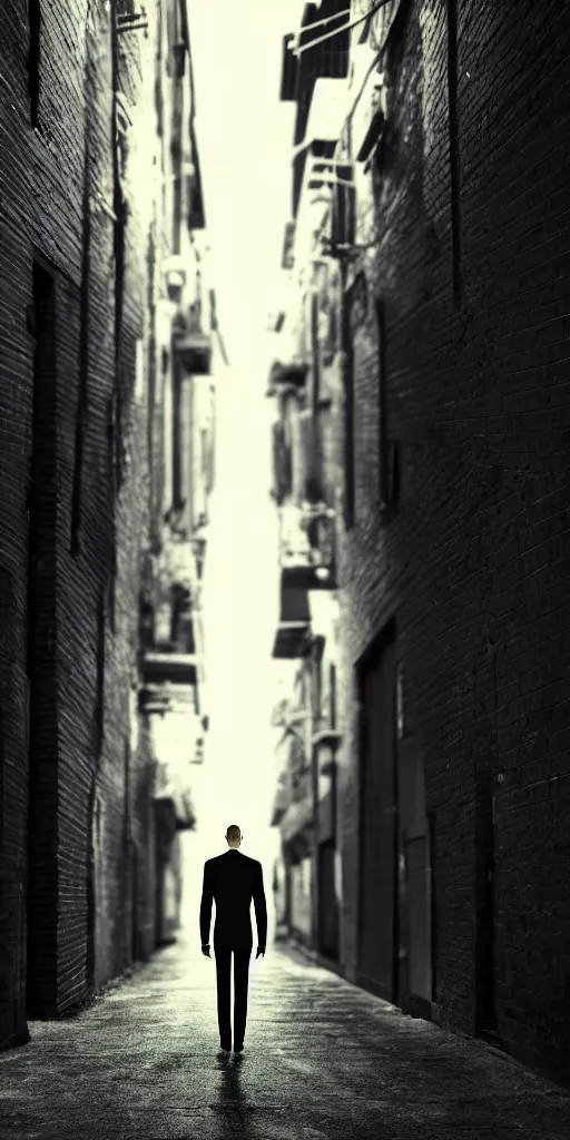 Image similar to photograph of a man with a very elongated thin head in a dark alley, 8k resolution, high detail, ULTRA REALISTIC VFX, reflections