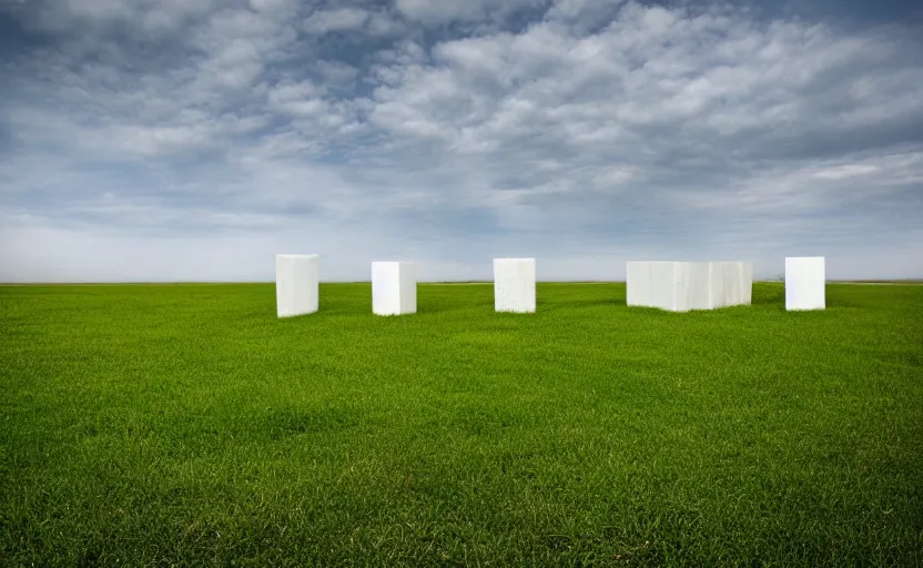 Prompt: color image. Two white concrete blocks. empty grassy plain, contrast. surreal, photograph, perspective