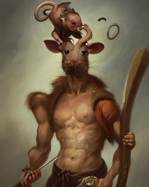 Image similar to baroque portrait of a male were-rat with the head of a rat. he is very muscular. he is wielding an axe. 4K trending on artstation by peter mohrbacher