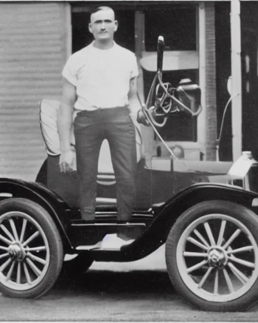 Image similar to 1 9 2 0 s photo of a person standing next to a tesla model t