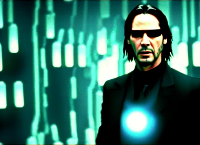 Image similar to A photo of Keanu Reeves as Neo in The Matrix movie doing a thumb up to the camera in front on burning servers, servers in flames in the background, doing a thumb up, The Matrix servers on fire, uncropped, full body, crispy, symmetrical face, ultra detailed, cinematic