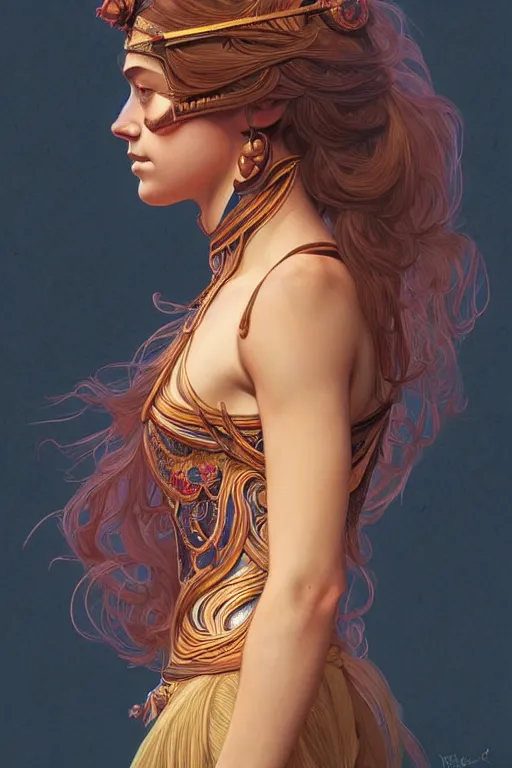 Image similar to symmetry!! intense fanart of 3 / 4 front pose of eloise webb as tapati, protagonist, intricate, elegant, highly detailed, my rendition, digital painting, artstation, concept art, perfect, smooth, sharp focus, illustration, art by artgerm, kilian eng, greg rutkowski and alphonse mucha