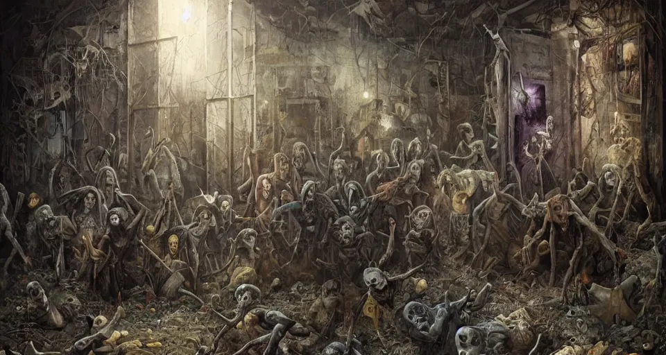 Prompt: A horrific sinister painting of souls of the dead queueing up outside a door in an abandoned warehouse by Tom Bagshaw, Dan Mumford, Dariusz Zawadzki, Todd McFarlane, and Erik Johansson.