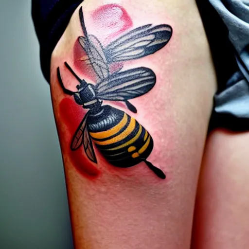Image similar to a detailed tattoo of large fork in the style of bee movie on a female leg, wearing cute crimson - black bee - themed miniskirt, cinematic seductive lighting, beautiful composition