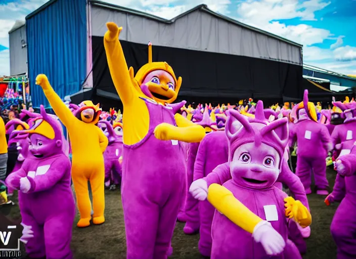 Image similar to photo still the teletubbies at the vans warped tour!!!!!!!! at age 3 6 years old 3 6 years of age!!!!!!!! dancing into the crowd, 8 k, 8 5 mm f 1. 8, studio lighting, rim light, right side key light